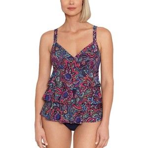 Swim Solutions Floral Print Nylon Tankini Swimsuit Navy, Size 10